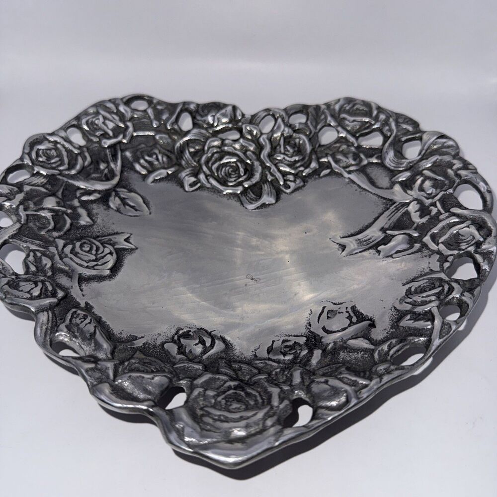 Peltrina Pewter Rose Heart Shaped Dish Made In Argentina Hand Made - Picture 5 of 8